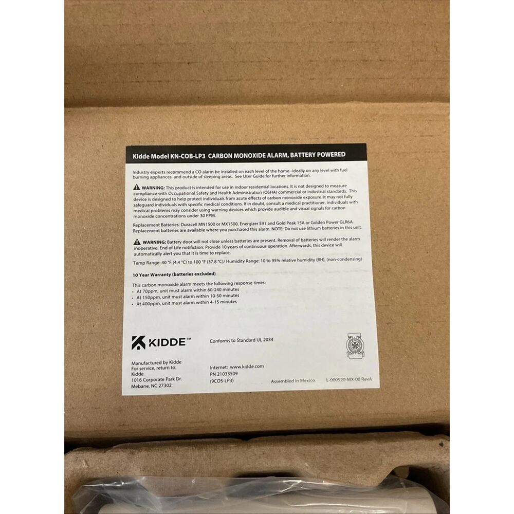 Kidde Model KN-COB-LP3 Carbon Monoxide Alarm - Picture 2 of 3